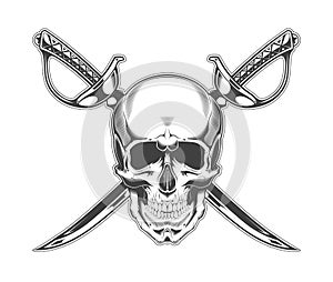 Vintage monochrome skull and crossed sabers illustration. Isolated vector template