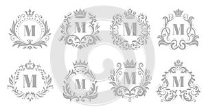 Vintage monogram emblem. Luxury ornate silver logo, heraldic monograms and old king royal crown emblems vector