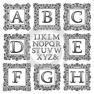 Vintage monogram kit. Black patterned letters and floral square