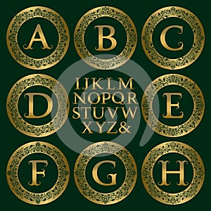 Vintage monogram kit. Golden letters and floral round frames