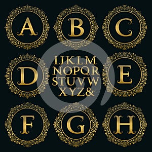 Vintage monogram kit. Golden letters and floral round frames