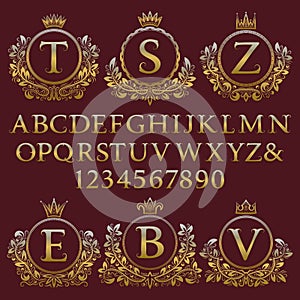 Vintage monogram kit. Golden letters, numbers and floral coat of arms frames for creating initial logo in antique style