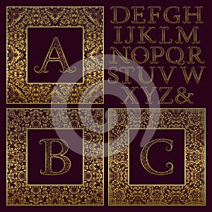 Vintage monogram kit. Golden patterned letters and ornate square frames for creating initial logo in antique style