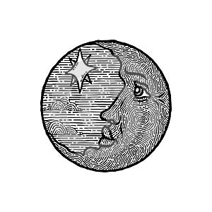 Vintage moon face. Sun, star, celestial antique retro night astronomy icon, line tattoo or logo, old crescent for sketch