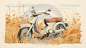 Vintage Moped Illustration In Tranquil Coastal Scenery