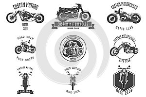Vintage Motor Club Sign and Label set on white background. Emblem of bikers and riders.