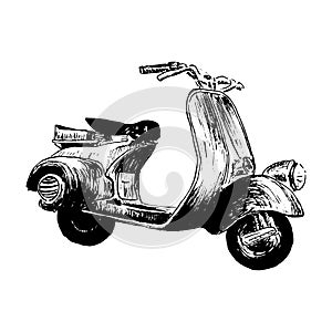 Vintage motor scooter. vector illustration, hand graphics - Old turquoise scooter. Italy