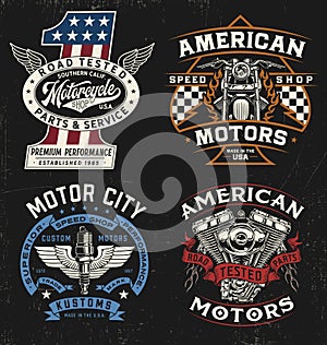 Vintage motorcycle badge, label, logo, t-shirt graphic set