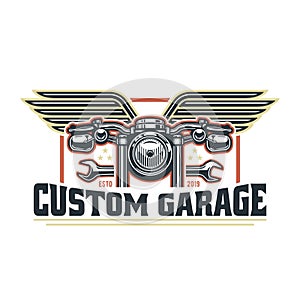 Vintage motorcycle logo template, vector retro custom garage emblem or badge