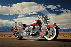 Vintage motorcycle in the middle of the desert. 3d rendering, American motorcycles on the , AI Generated