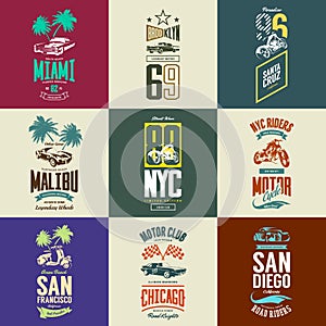 Vintage motorcycle, moped, muscle, roadster and classic car vector t-shirt logo isolated set
