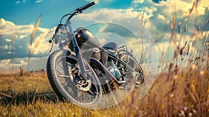 vintage motorcycle stands in a breezy grassland generative ai