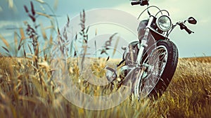 vintage motorcycle stands in a breezy grassland generative ai