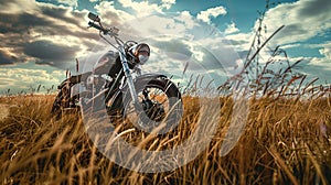 vintage motorcycle stands in a breezy grassland generative ai