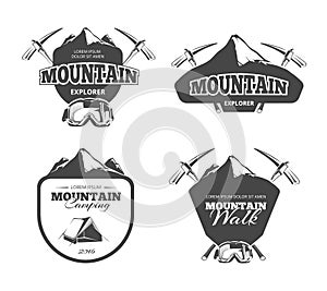 Vintage mountain camping, mountaineering vector emblems, labels, badges, logos set