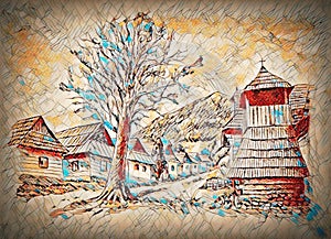 Vintage mountain oldtime willage with wooden houses and belfry, pencil drawing on papier