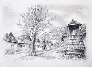 Vintage mountain oldtime willage with wooden houses and belfry, pencil drawing on papier.