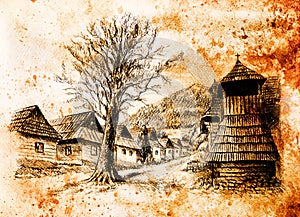 Vintage mountain oldtime willage with wooden houses and belfry, pencil drawing on papier, sepia effect.