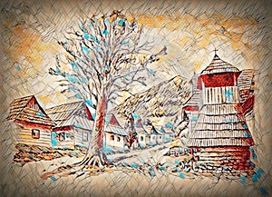 Vintage mountain oldtime willage with wooden houses and belfry, pencil drawing on papier photo