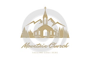 Vintage Mountain Pine Evergreen Spruce Larch Cypress Fir Trees Forest with Christian Church Chapel Logo Design