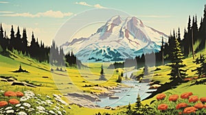 Vintage Mountain Valley Postcard: Whistlerian Illustrations Of Mount Rainier National Park photo
