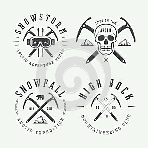 Vintage mountaineering and arctic expeditions logos, badges, emblems and design elements. Vector illustration