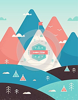 Vintage Mountains and Hills Landscape with Trails, Trees, Tents and Camp SIgn