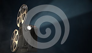 Vintage movie projector on dark background. 3D rendered illustration