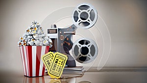 Vintage movie projector popcorn and cinema tickets. 3D illustration
