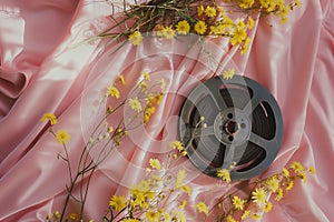 A vintage movie projector reel. draped across a pastel pink velvet cushion. By generative ai