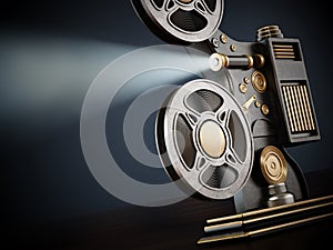 Vintage movie projector with volumetric light beam. 3D illustration