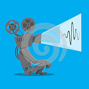 Vintage movie projector works on isolated blue background. Vector image