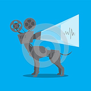 Vintage movie projector works on isolated blue background. Vector image