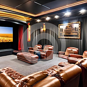 A vintage movie theater-inspired entertainment room with velvet seats, old film reels, and a popcorn machine1, Generative AI