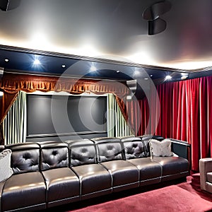 A vintage movie theater-inspired entertainment room with velvet seats, old film reels, and a popcorn machine2, Generative AI