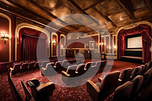 A vintage movie theater with a richly decorated interior, showing a classic film on the big screen to a captivated audience