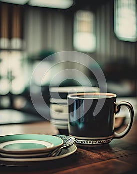 Vintage mugs in a retro brasserie. created with generative AI technology