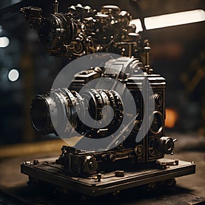 Vintage Multi-Lens Camera Apparatus in Atmospheric Workshop Setting