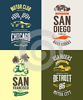 Vintage muscle car, moped, cabriolet and classic vehicle vector t-shirt logo isolated set.