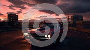 Vintage muscle car parked on the street at night. 80s styled synthwave retro scene with powerful drive in evening