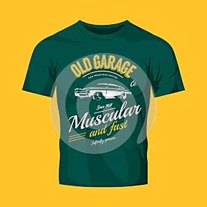 Vintage muscle car vector logo concept isolated on green t-shirt mock up.
