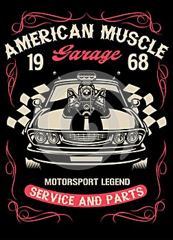 Vintage muscle carwith big super charger engine