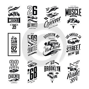 Vintage muscle, roadster, hot rod and classic car vector t-shirt logo isolated set