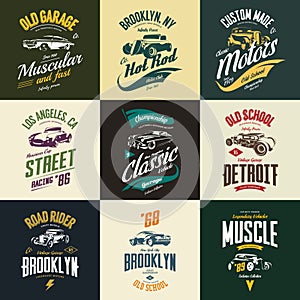 Vintage muscle, roadster, hot rod and classic car vector t-shirt logo isolated set