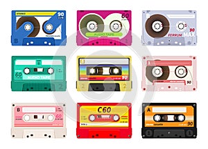 Vintage music cassettes. Retro dj sound tape, 1980s rave party stereo mix, old school record technology. Vector old 90s photo