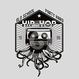 Vintage music emblem . Octopus tentacles and audio cassette. Night party retro icon. Dance festival template.