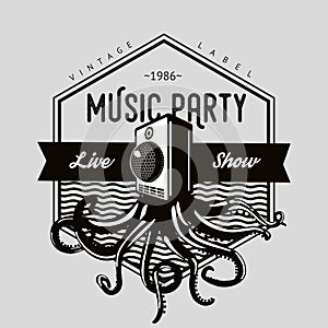Vintage music emblem. Octopus tentacles and sound system. Night party retro print.