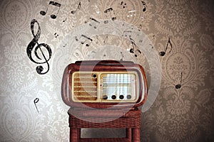 Vintage music notes with old radio