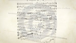 Vintage music sheet background with rotating 3D notes.