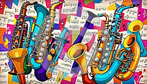 Vintage music sheet musical wind instrument saxophone pop art